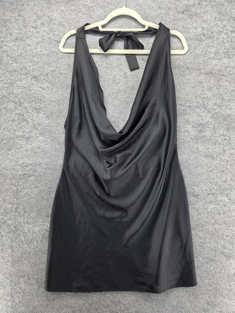 White Fox Dress Womens XL Black Satin Cowl Neck Halter Backless Slip Mini Party